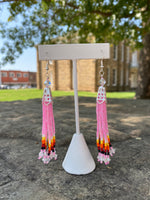 Multi Strand Seed Bead Fringe Earrings w/ Glass ends - Pink and Fire Colors