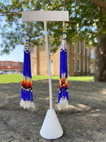 Multi Strand Seed Bead Fringe Earrings w/ Glass ends - Royal Blue and Fire Colors