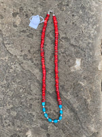 Red Coral Heishi With Kingman (USA) Turquoise Center Stones