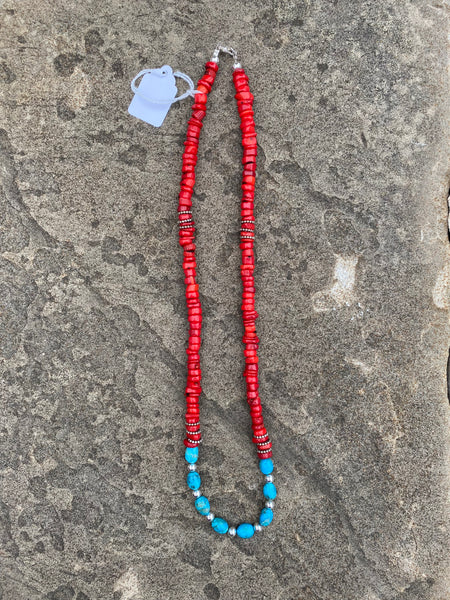 Red Coral Heishi With Kingman (USA) Turquoise Center Stones