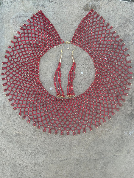 Red and Gold Beaded Necklace and Matching Earrings Made by Irene Creek