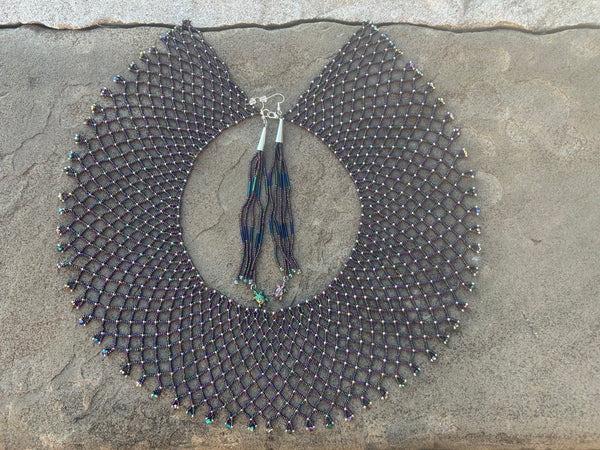 Rainbow Mettalic Collared Necklace and Matching Earrings Made by Irene Creek