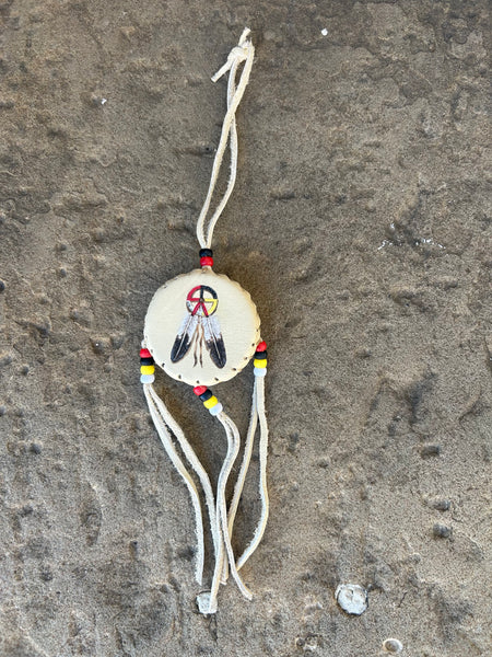 Mini Hand Drum with Painted Medicine Wheel and Feathers Made by Richard Beaver