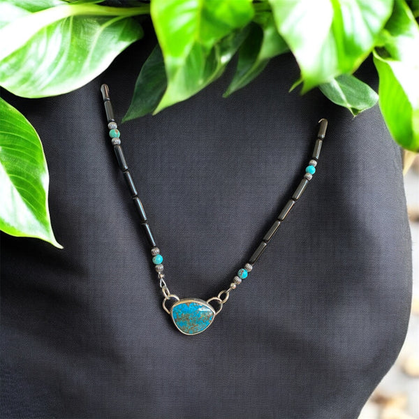 Turquoise Set stone with obsidian & turquoise necklace. Made By Mvskoke Artist, Amanda Rutland