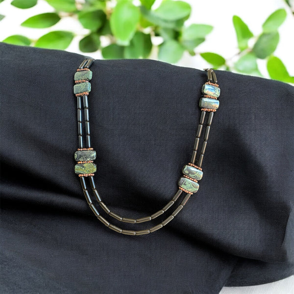 Obsidian & green Jsper double strand Necklace. Made By Mvskoke Artist, Amanda Rutland