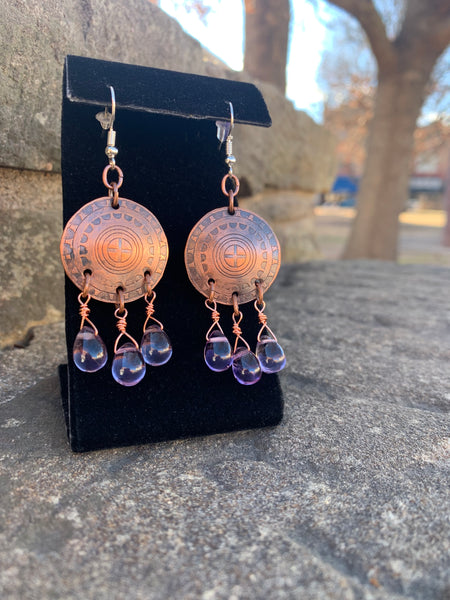 Textured Copper Shield Earrings with Amethyst Stone